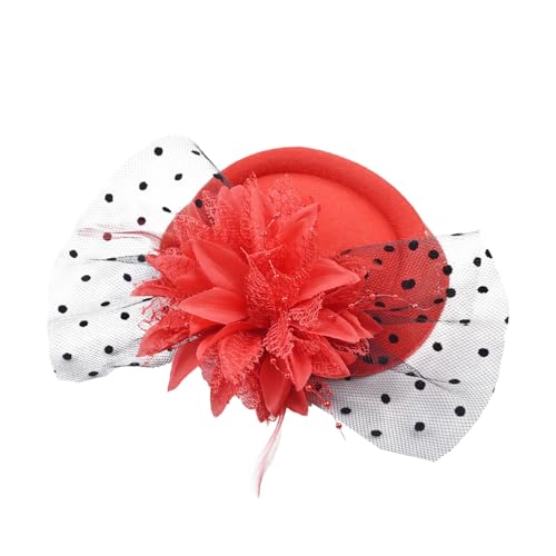 Fascinator Damen 20er Jahre Haarschmuck Retro Netzgaze Hut mit Clip Fascinator für Teeparty, Cosplay, Karneval, Bekleidungszubehör (DE/NL/SE/PL, Alphanumerisch, Einheitsgröße, rot, Fascinator, 1)