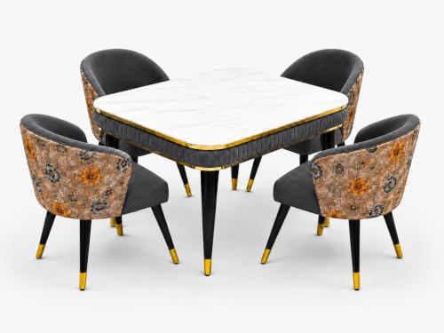 Image of WOODEN SPACE Majestic 4 Seater Wooden Dining Table Set | Urban Marble Top Dining Table with Chairs for Dining Room & Kitchen (Modern Classic Printed Dark Grey) (54 x 36 x 30 inch)