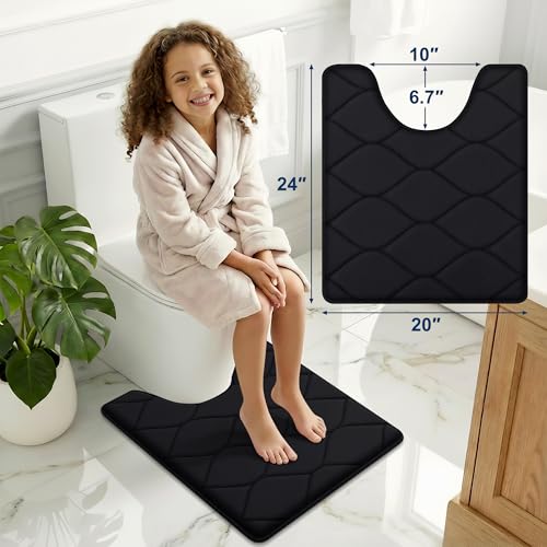 Image of Smiry Memory Foam U-Shaped Toilet Mat 24x20, Soft Absorbent Toilet Rugs | Black, Plush Quick Dry and Machine Washable Cushion Contour Rug for Toilet, Shower, Tub & Home Decor