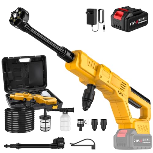 Hidrolimpiadora Bateria, 65 Bar Pistola de Agua a Presión con 1 Batería de 3,0Ah, Boquilla 6 en 1, Ajuste de Presión en 10 Niveles, Pantalla Táctil LCD para Coche y Jardín