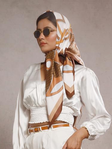 Image of Printed Poly Silken feel Scarf Stole for Women | Stylish, Soft, & Lightweight | Satin Feel Neck Scarf, Hair Scarf, Head Scarf for Women | Square Silk Stole for Handbag