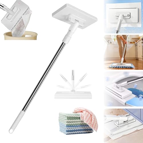 Snap Grip Mini Mop Hands Free Multi Purpose Flat Mop Upgraded Disposable Dust Zero Touch Mini Mops Convenient Cloth Changing Mops Foldable Adjustable Long Handle (1pc+ 5 Cloths)