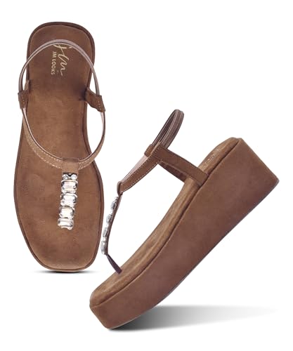 Image of JM LOOKS Soft Material Platform Wedge Sandals with Crystal T-Strap Detail and Secure Elastic Ankle Support