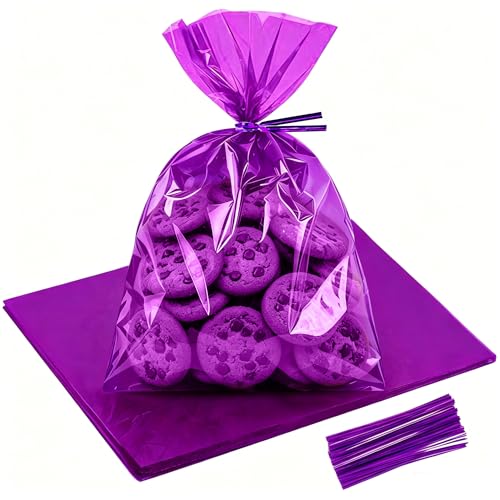 QOIUSO Purple Clear Cellophane Treat Bags 8x11 Inch: 50 Pack Clear Gift Bags with Ties for Treat Candy Goodie Cookies Snacks Party Favors and Christmas Gift Wrapping