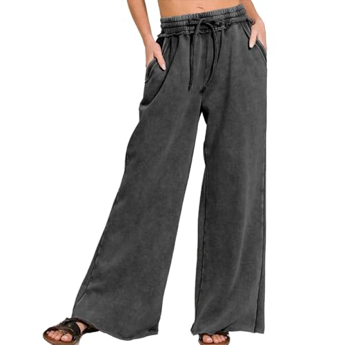 Ainangua Women Acid Wash Palazzo Sweatpants Casual High Waist Drawstring Wide Leg Pants Baggy Fleece Trousers with Pockets