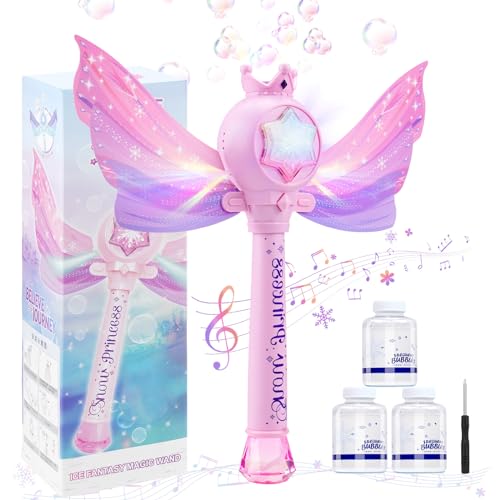 ilauke Bubble Wands, Heart-Shaped Princess Bubble Wand with Music & Lights, with 2 Bubble Solution Outdoor Party Birthday Toys for Toddlers, Gift for 3 4 5 6 7 8 Year Old Girls, Pink