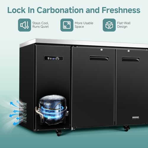 Image of BODEGACOOLER Commercial Bar Cooler with 3 Solid Doors, 20.5 Cu.Ft Back Bar Refrigerator, Beverage Refrigerator for Beer Soda Wine,LED Light, Stainless Steel Top,6 Casters, for Kitchen Buffet Table