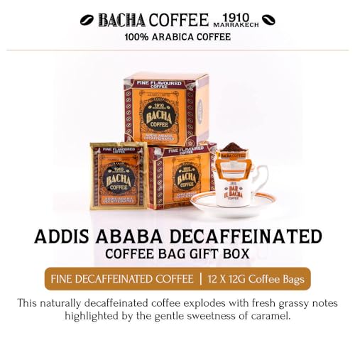 Bacha Coffee | Addis Ababa Decaf Fine Flavoured, Medium Roast, 100% Arabica Specialty Coffee, 12 Coffee Drip Bags, Gift Box