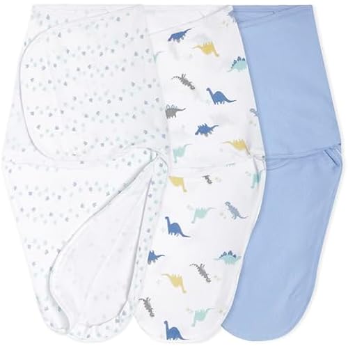 aden + anais Essentials Easy Swaddle Wrap Quick Change with Bottom Zipper, Snug Cotton Knit Baby Wrap Swaddle Blanket for Newborns, TOG 1.0, 3-Pack, Dino-Rama, 0-3 Months, Small/Medium