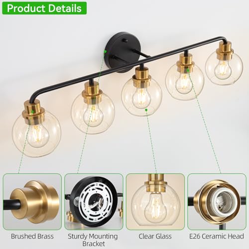 Image of 5 Light Bathroom Vanity Light, Black and Gold Bathroom Light Fixtures | with Clear Glass Shade Modern Wall Sconces Lighting Bath Wall Lights Lamp for Mirror Kitchen Living Room Bedroom Hallway