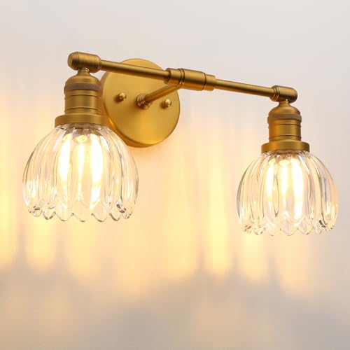 Pathson 2-Lumière Applique Murale Intérieure, Abat-jour en Verre Tulipes Applique Salle de Bain Vintage E27 Luminaire pour Salon Chambre Cuisine (Laiton Antique)