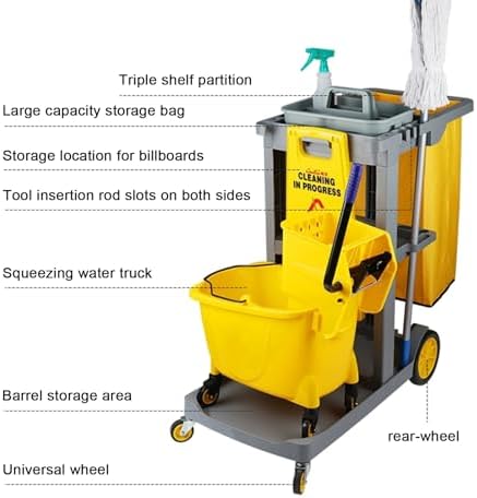 Heavy-Duty Commercial Janitorial Cart with Wheels | Housekeeping Trolley | 3 Adjustable Shelves | 22 Gallon Vinyl Bag | 110 lbs Capacity for Efficient Cleaning