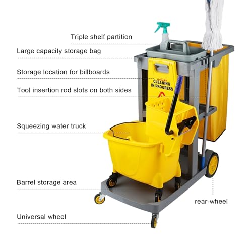 Chariot d'entretien commercial avec roulettes, étagères réglables et sac de 77 litres pour des tâches d'entretien et de nettoyage efficaces