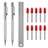YFYWINSH Anreißwerkzeug Set, Anreissnadel Metall, 2 Anreißnadeln aus Wolframstahl, 10 Ersatzspitzen, 15 cm Stahllineal Anreißnadel für Metall, Glas, Keramikfliesen und Stein