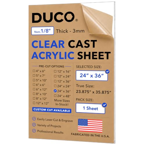 Duco 1/8" Clear Cast Acrylic Sheet, 24"x36" Plexiglass Sheet, 1 Pack