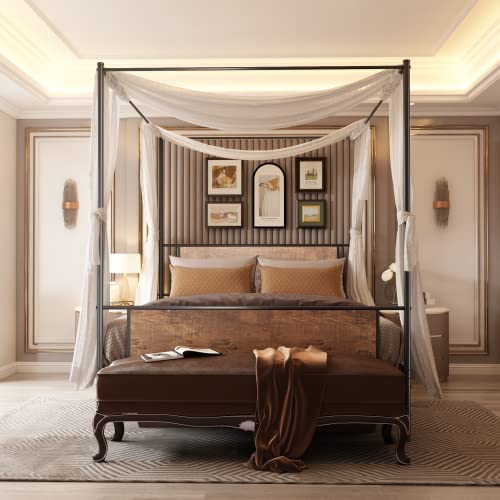 Samtra Metal Canopy Bed Frame Queen With Four Poster Design And Wooden Headboard And Footboard, Underbed Storage Space, Black #TOP23