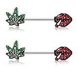 Pierce2GO 14G Nipple Piercing Surgical Stainless-Steel Set of 2 Barbell Marijuana Weed Leaf and Lips