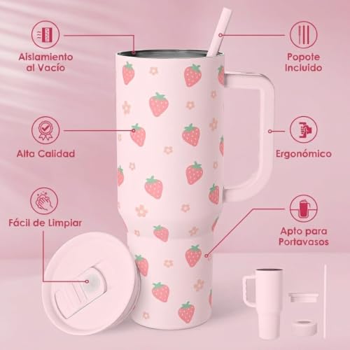 Image of SANDJEST Strawberry Tumbler with Handle 40oz - Insulated Stainless Steel Travel Coffee Mug Cup for Girls Women, Gift for Christmas, Birthday