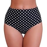 Halcurt Women's High Waisted Swim Bottoms (Available in Plus) Full Coverage Bikini Swimsuit Bottoms Black Polka Dot L