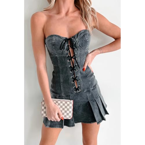 Image of Sexy Tube Denim Dress Corset Strapless Ruffled Hem Jean Mini Dress