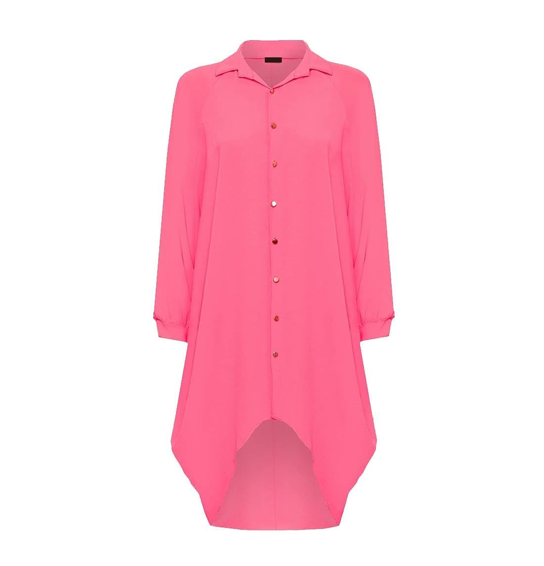 Real Life Fashion Ltd Women's Cerise Dip Hem High Low Button Collar Shirt Long Sleeve Hi Lo Dress Top Fancy Party Wear Blouse Plus Size Flowing Tunic Asymmetric Hem Stylish Evening Casual Fashion Uk 8-26