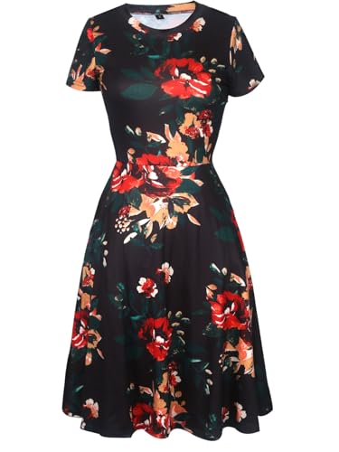 Image of oxiuly Women Casual Dress Round Neck Soft Cotton Floral A-Line Midi Summer Dresses with Pockets OX262