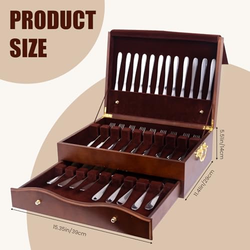 Silverware Storage Box,2 Layers Wooden Silverware Chest with Drawer,Silverware Case with Handle and Felt Lined,15.35\" x 11.41\" Flatware and Utensil Organizer for Kitchen,Black(Flatware Not Included)