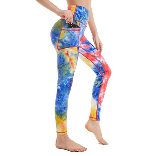 iniber Women's High Waist Leggings Tummy Control Yoga Pants with Pockets 4-Way Stretch Yoga Leggings Workout Running Leggings Tie Dye