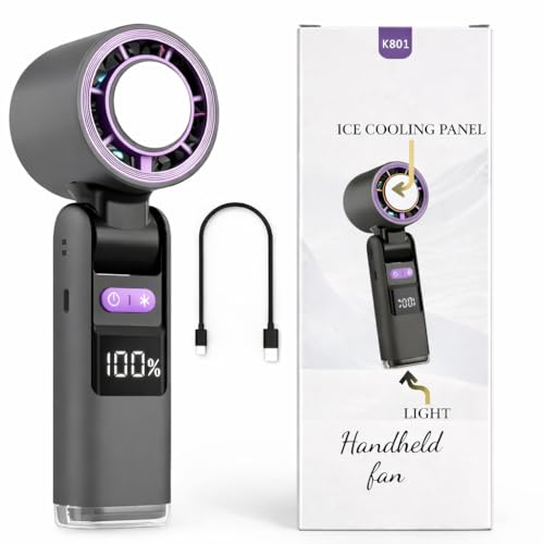 Image of K801 Portable Ice Cooling Hand Fan, 4000mAh Rechargeable, 199 Speed Settings, Turbo BLDC Motor, 20H Runtime, FrostTouch 5C Cooling, Travel Fan