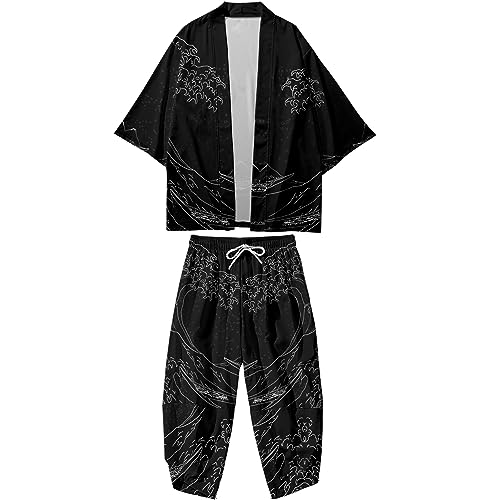 Image of DOSLAVIDA Men's Japanese Kimono Jacket Set Stylish Open Front Coat With Shorts Chinese Style Printed Cardigan Suit