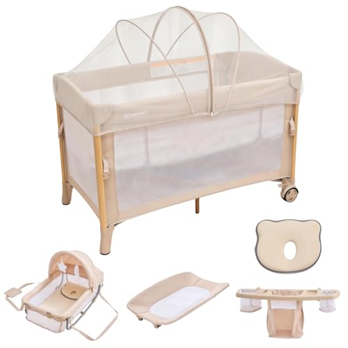 GU MODE ベビーベッド 多機能プレイヤード 長さ125cm 奥行75cm 高さ77cm 折りたたみ オムツ交換台 ゆりかご 添い寝 キャスター付き クーファン 持ち運び便利 組立簡単 収納スペース 新生児から使える 出産祝い (蚊帳付きタイプ, ベージュ)の画像