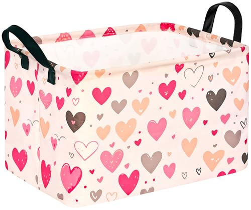 KUNRO Rectang Heart Valentine's Storage Basket Gift Shelf Basket Storage Bin, Nursery Basket Organizer Box for With Handles for Room Deco