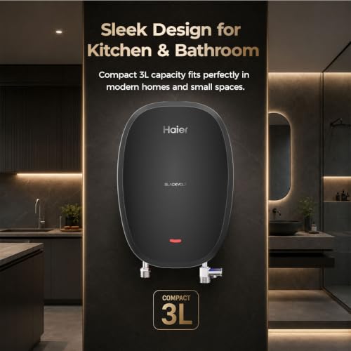 Image of Haier BlackVolt Instant Water Heater 3 Litre with 3kW | Fast Heating | Copper Heating Element | 6.5 Bar Pressure | Instant Geyser for Kitchen & Bathroom | 5-Year Tank Warranty | EI3V-BLACKVOLT