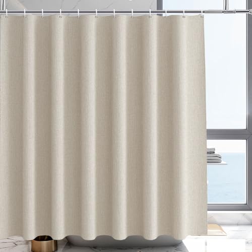 YISURE Cortina de ducha con aspecto de lino, color beige, 200 x 220, cortina de baño, lino sintético, tela textil resistente, resistente al agua, ancho 200 x alto 220 cm