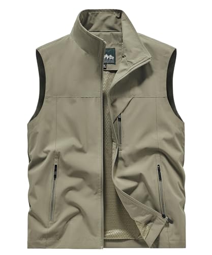 OlyljpinZ Herr lättviktig fiskeväst andningsbar snabbtorkande sportjacka sommar utomhus fritidsväst flera fickor arbetsväst reseväst jakt camping fotografering, kaki, XL