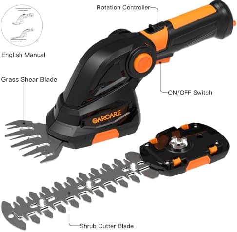GARCARE Cordless Grass Shears & Electric Hedge Trimmer 2 in 1 - Handheld Bush Trimmer & Grass Trimmer with 1500mAh Lithium-Ion Battery for Shrub, Garden, Grass and Lawn Cultivation