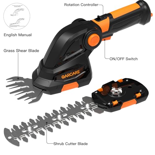 GARCARE Cordless Grass Shears & Electric Hedge Trimmer 2 in 1 - Handheld Bush Trimmer & Grass Trimmer with 1500mAh Lithium-Ion Battery for Shrub, Garden, Grass and Lawn Cultivation