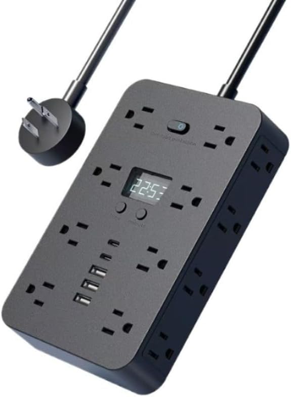 16 in 1 Power Strip,3 USB Ports and 2 Type-C Ports with Time Display Function, Suitable for Home and Office Use (Black)