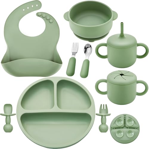 Image of Bufims Silicone Baby Feeding Set, Baby Led Weaning Supplies, Eating Essentials Utensils with Suction Plate and Bowl, Pocket Bib, Sippy Cup with Lid, Forks Spoons Snack Container, for 6+ Months, Green