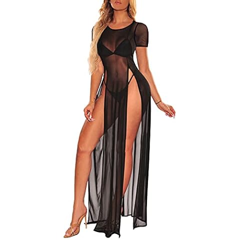 Women's Swimsuit Beach Bikini Cover up Sheer Mesh Dress Sexy See Through Mesh Tops Beachwear, 9240-1black, Medium Cover