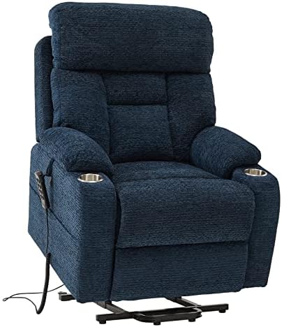 Creatuis Lift Chair with Three Motor,Power Adjustable Headrest,Lays Flat Power Lift Recliner Chair for Elderly,Adjustable Airbag Lumbar Support,Infinite Position Adjustment,Cup Holder, Chenille(Blue)