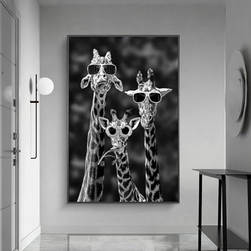 Art mural noir et blanc girafe drôle impressions sur toile encadrée