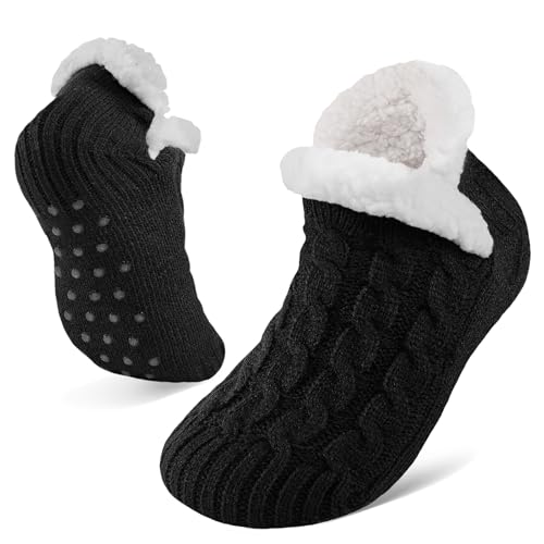 Niorasen Fluffy Slipper Socks Women Men Winter Gift for Her Warm Bed Socks with Grippers Thick Cosy Non-Slip Sock Ladies Women Girls Gifts for Christmas UK 4-9 Black