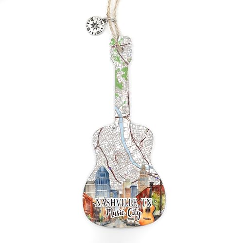 MapMom Nashville, TN Guitar Shaped Skyline Wood Souvenir Map Ornament | 4” Wood Hanging Map Ornament with Artwork & | Perfect for Wine Bottles, Gift Bags, or Christmas Tree