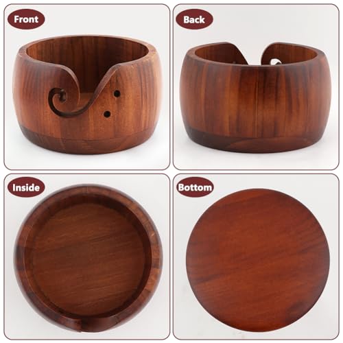 Image of Balana DIY Knitting Wool String Multifunctional Wooden Yarn Bowl Include 10 Crochet Hooks, Yarn Bowls with Lid for Knitting Crochet Yarn Ball Holder Handmade Yarn Storage Bowl, Dark browm, 22352197