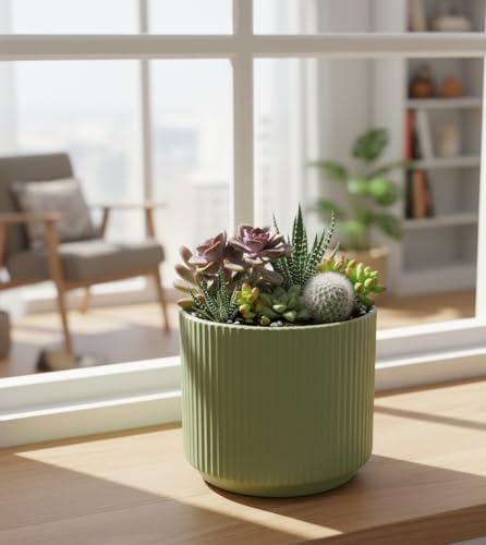 Image of Xtore Verdantique Ceramic Ribbed Planter | Soft-Tone Desk & Shelf Plant Pot for Home and Office - (Green, 1 Piece, Planter ONLY)