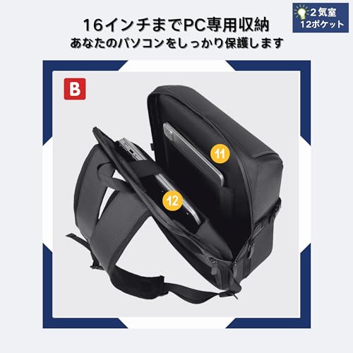 [YCD] フラップトップ ビジネスリュック リュックメンズ スクエア おしゃれ 人気 大容量 30l 防水 自立 軽量 型崩れ防止 リュックサック バックパック カジュアル メンズりゅっく 2気室 多機能 15.6パソコン 16インチPC収納 A4対応 耐久性 ハード 通勤 通学 旅行 大学生 男女兼用 Flap Pack 黒 6枚目