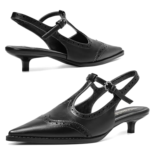 ErikenUrben Low Kitten Heels for Women Elegant Pointed Toe T-Strap Slingback Pumps Buckle2