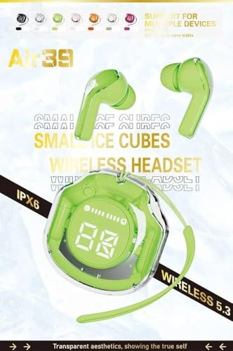 Image of Ultrapod PRO Wireless Bluetooth in Ear Earbuds, Transparent Charging Case, Active Nois Cancellation, Led Digital Display, Quantum Sound Pods,Touch Control, Water Resistant PRO Green