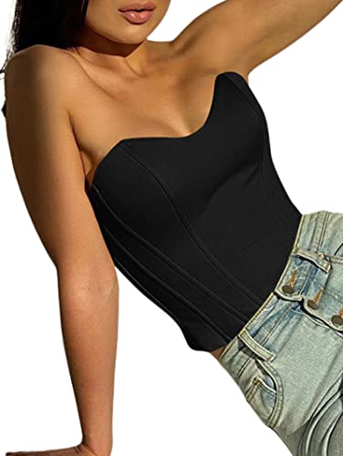 Avanova Women's Sexy Strapless Bustier Corset Asymmetrical Hem Satin Crop Tube Top Black Small #TOP3